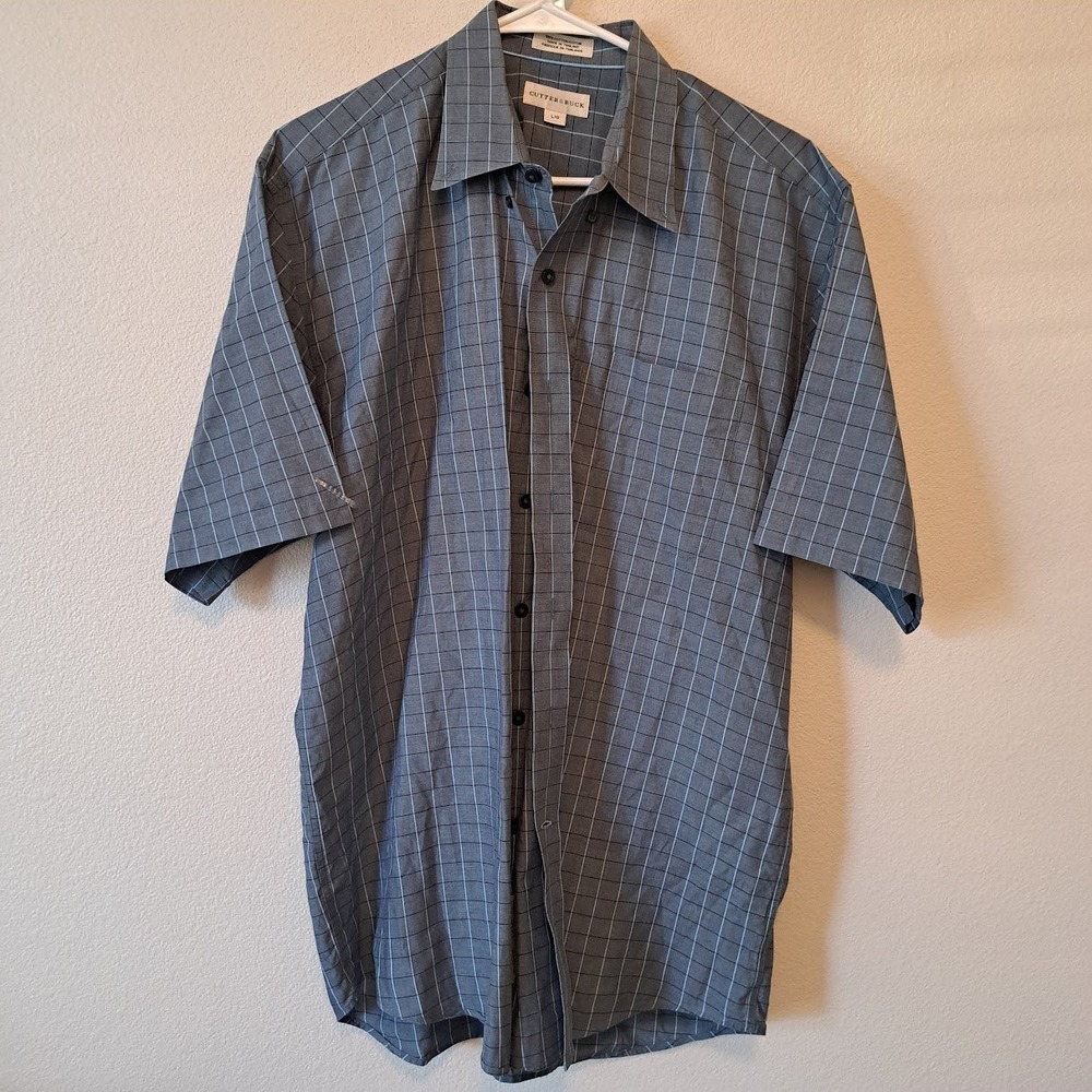 Cutter & Buck Mens Large Blue Gray Windowpane Plaid Short Sleeve Button Down